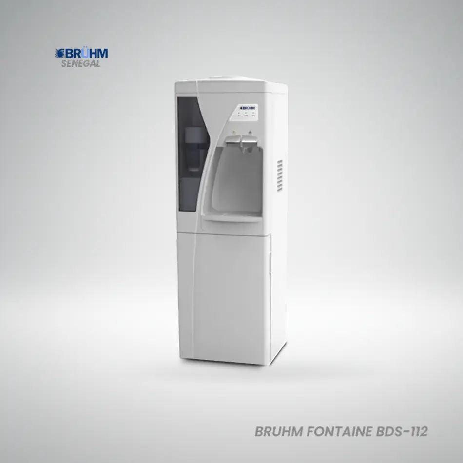 Fontaine à eau Bruhm BDS-112 blanche avec deux robinets et frigo - Teranga Tech Store
